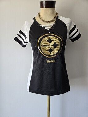 Majestic NFL Black, White & Gold Lace-Up Steelers Jersey Top. Size Small